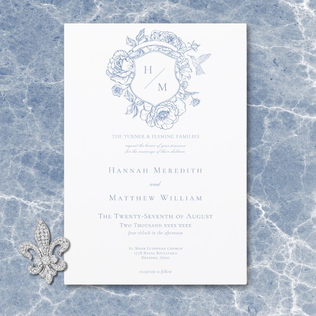 Invitation Elégant Blue Chinoiserie Bird & Crest Mariage (Elegant Blue Chinoiserie Bird & Crest Wedding Invitation)