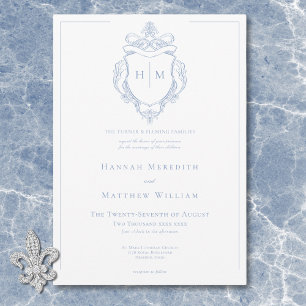 Invitation Elégant Blue Chinoiserie Bird & Crest Mariage