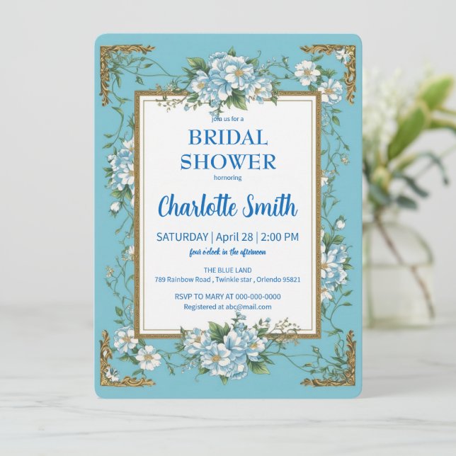 Invitation Elégant Blue Chinoiserie Floral nuptiale (Debout devant)