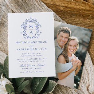 Invitation Elégant Blue Chinoiserie Floral Photo Mariage