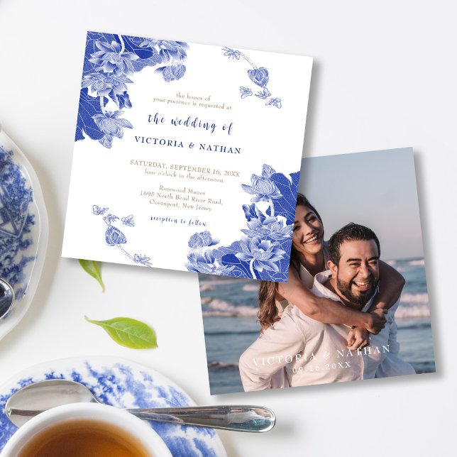 Invitation Elegant Blue Chinoiserie Photo Carré Mariage (Créateur téléchargé)