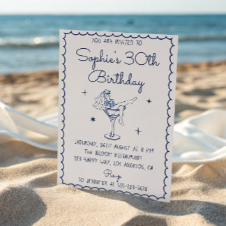 Invitation Elegant Blue Cocktail Martini Glass 30th Birthday