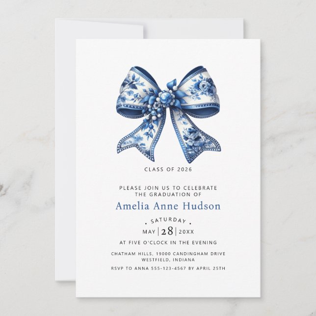Invitation Elegant Blue Coquette Bow Graduation Party (Devant)