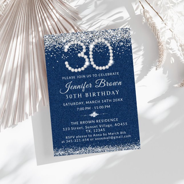 Invitation Elégant Blue Denim & Diamonds 30e fête d'anniversa (Diamonds and Denim 30th Birthday Party Invitation)