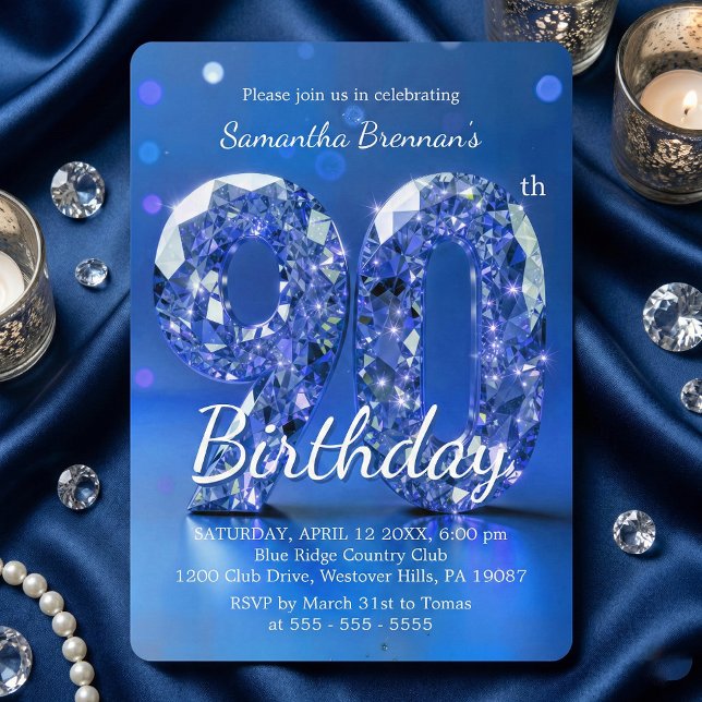 Invitation Elegant Blue Diamond Gemstone Glamour 90th Party (Créateur téléchargé)