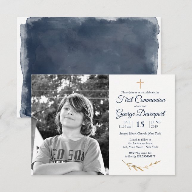 Invitation Elégant Blue First Communion photo personnalisée (Devant / Derrière)