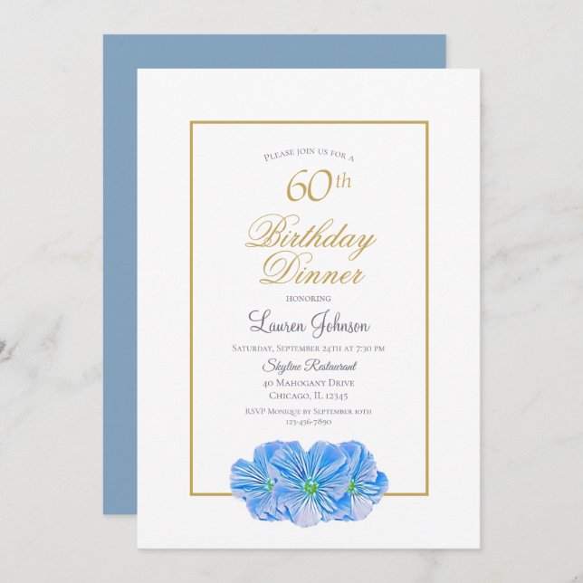 Invitation Elégant Blue Floral 60e Anniversaire Dîner (Devant / Derrière)