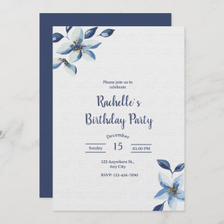 Invitation Elegant Blue Floral Birthday Invite, Boho Birthday