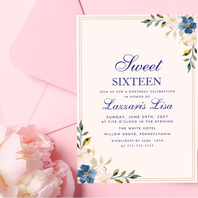 Invitation Elegant Blue Floral Birthday Party Sweet Sixteen (Créateur téléchargé)