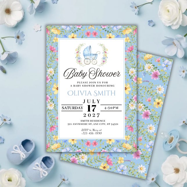 Invitation Elegant Blue Floral boy Baby Shower (Créateur téléchargé)
