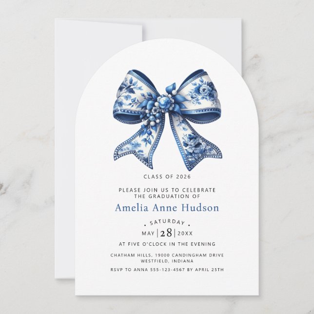 Invitation Elegant Blue Floral Coquette Bow Graduation Party (Devant)