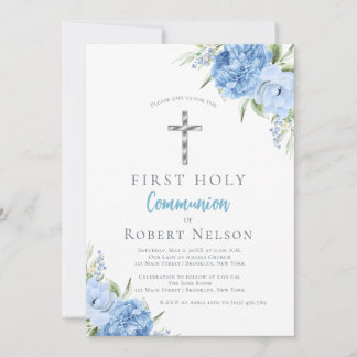 Invitation Elegant Blue Floral First Holy Communion