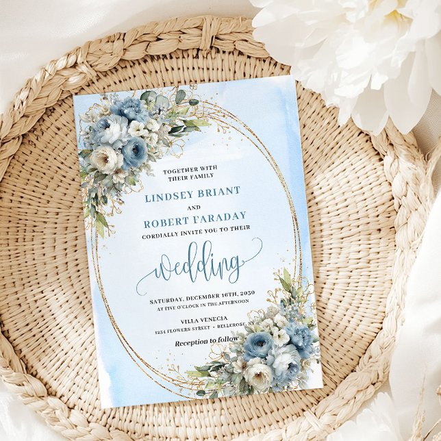 Invitation Elegant Blue Floral Gold Glitter Wedding Invite (Elegant Blue Floral Gold Glitter Wedding Invitation)