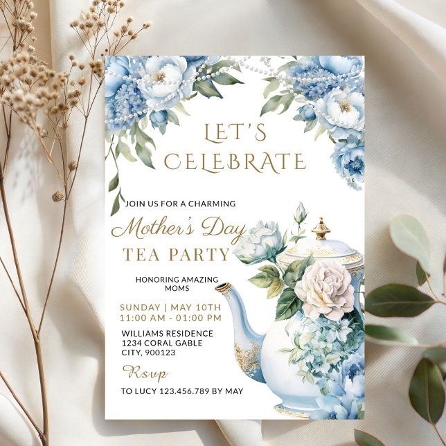 Invitation Elegant Blue Floral Mother's Day Tea Party  (Elegant Blue Floral Vintage Teapot Tea Party Invitation)