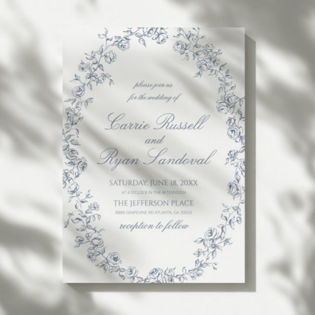 Invitation Elegant Blue Floral Roses Fine Line Art Wedding (Créateur téléchargé)