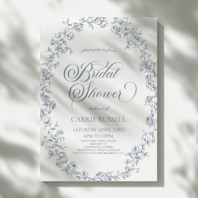 Invitation Elegant Blue Floral Roses Line Art Bridal Shower (Créateur téléchargé)