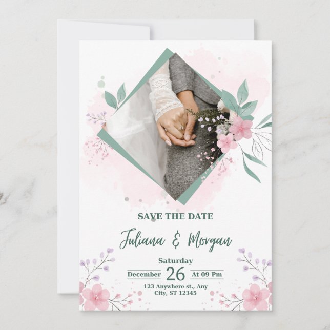 Invitation Elegant Blue Floral Save The Date Wedding Invite (Devant)