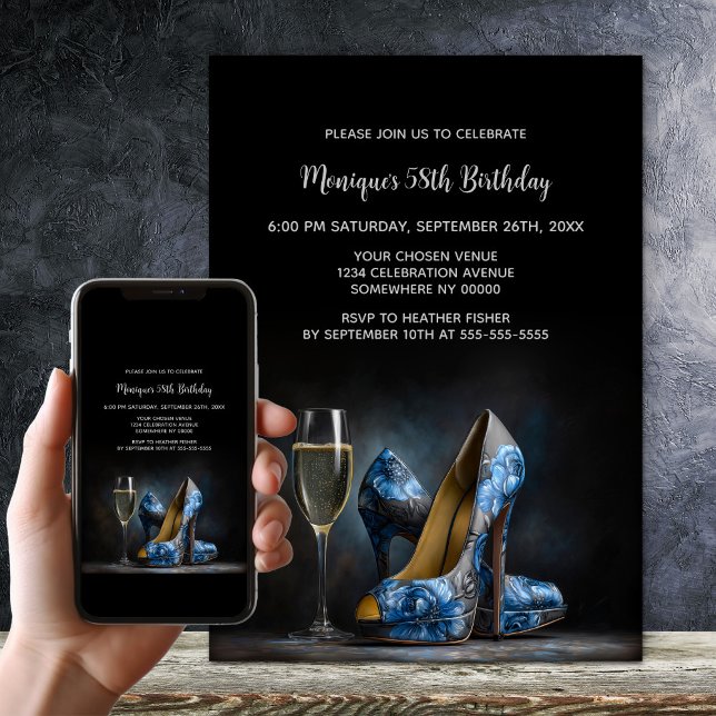 Invitation Elegant Blue Floral Stiletto Shoes Birthday Party (Créateur téléchargé)