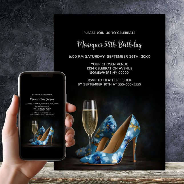 Invitation Elegant Blue Floral Stiletto Shoes Birthday Party (Créateur téléchargé)