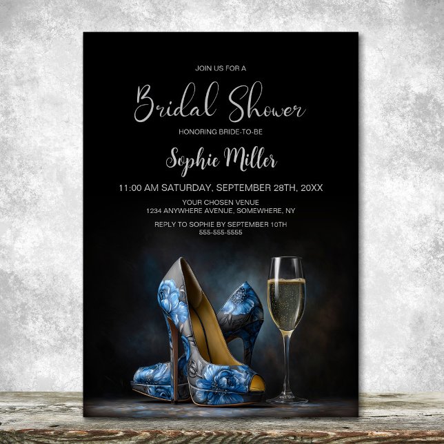 Invitation Elegant Blue Floral Stiletto Shoes Bridal Shower (Créateur téléchargé)
