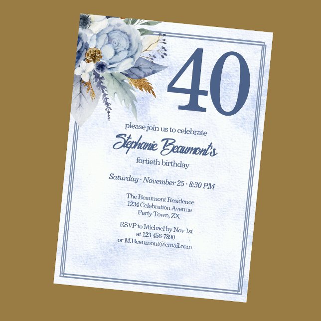 Invitation Elegant Blue Florals Women's 40th Birthday Party (Créateur téléchargé)