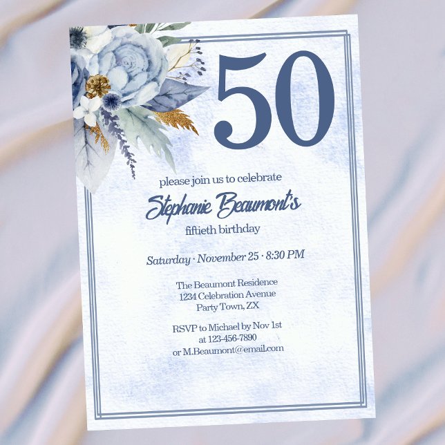 Invitation Elegant Blue Florals Women's 50th Birthday Party (Créateur téléchargé)