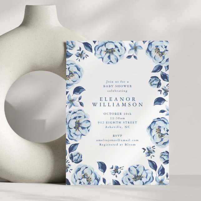 Invitation Elegant Blue Flowers Floral Baby Shower (Créateur téléchargé)