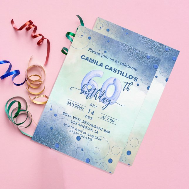 Invitation Elégant Blue Foil Ballons 60e fête d'anniversaire (Créateur téléchargé)