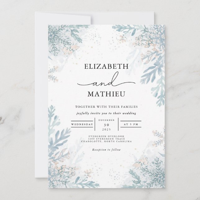 Invitation Elégant Blue Frost Botanical Winter Wedding (Devant)