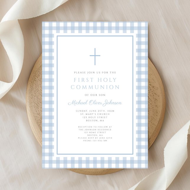 Invitation Elegant Blue Gingham Boy First Communion (Elegant Blue Gingham Boy First Communion Invitation)