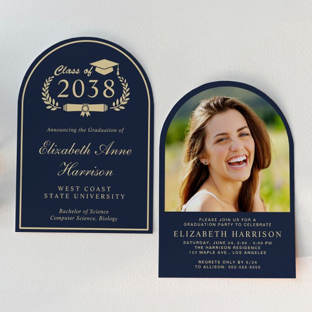Invitation Elégant Blue Gold Arch Photo Party Graduation (An elegant arch-shaped photo graduation party invitation to celebrate the graduate's achievements)