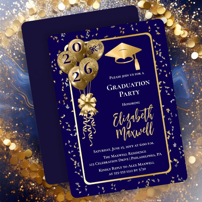 Invitation Elegant Blue Gold Balloons Graduation Party (Elegant Blue and Gold Tone Graduation Party Invitation Balloons and Confetti - Print | Digital)