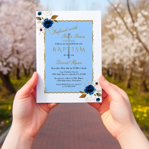 Invitation Elégant Blue Gold Flowers Garçon Baptême