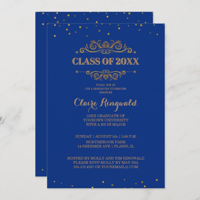 Invitation Élégant Blue Gold Formal College Graduation Party (Devant / Derrière)