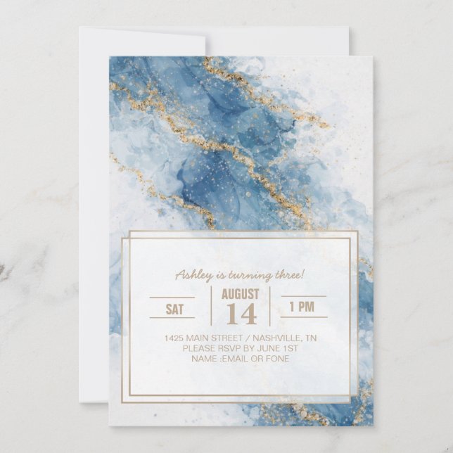 Invitation Elegant Blue Gold Glitter Abstract Flow            (Devant)