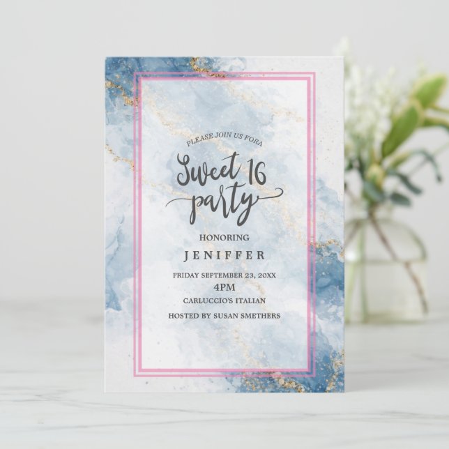 Invitation Elegant Blue Gold Glitter Abstract Flow            (Debout devant)