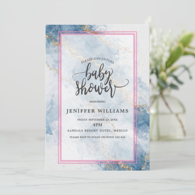 Invitation Elegant Blue Gold Glitter Abstract Flow            (Debout devant)