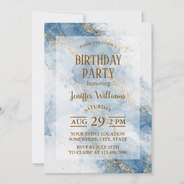 Invitation Elegant Blue Gold Glitter Abstract Flow            (Devant)
