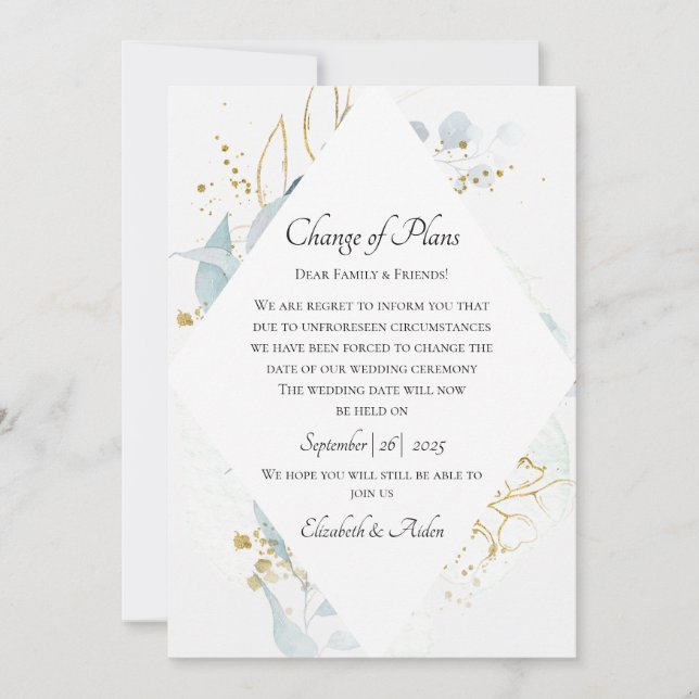 Invitation Elegant Blue Gold( Imitat) Watercolour Wedding (Devant)
