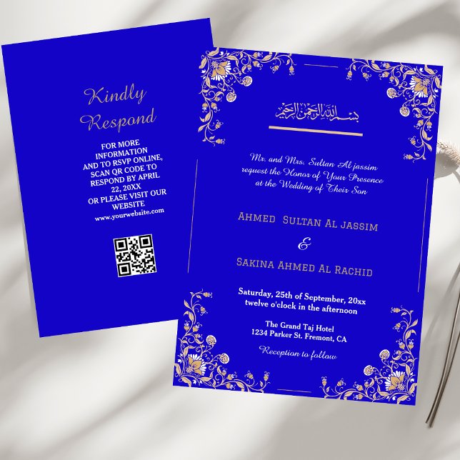 Invitation Elégant Blue Gold Musulman Mariage islamique code  (Créateur téléchargé)
