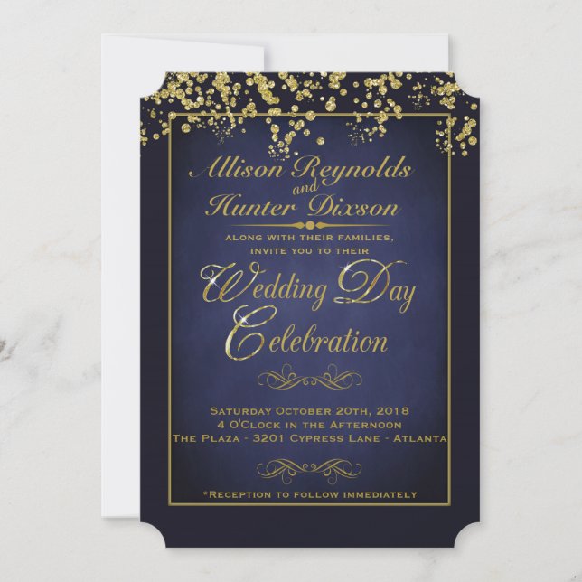 Invitation Elégant Blue & Gold Parties scintillant de mariage (Devant)