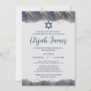 Invitation Elégant Blue Gold Star moderne de David Bar Mitzva