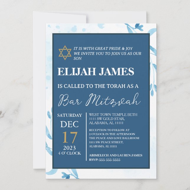 Invitation Elégant Blue Gold Star moderne de David Bar Mitzva (Devant)