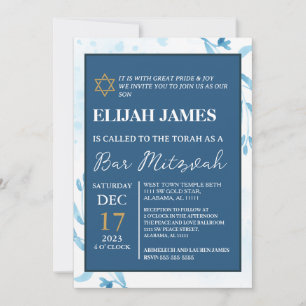 Invitation Elégant Blue Gold Star moderne de David Bar Mitzva