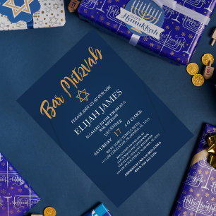 Invitation Elégant Blue Gold Star moderne de David Bar Mitzva