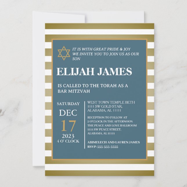 Invitation Elégant Blue Gold Star moderne de David Bar Mitzva (Devant)