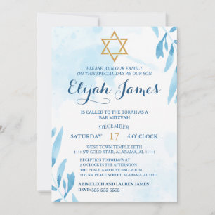 Invitation Elégant Blue Gold Star moderne de David Bar Mitzva