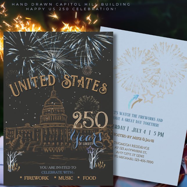 Invitation Elegant Blue & Gold US 250 Capitol (Elegant Blue & Gold US 250 Capi Invitation)