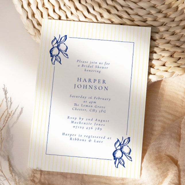 Invitation Elegant Blue Hand Drawn Lemon Amalfi Bridal Shower (Créateur téléchargé)
