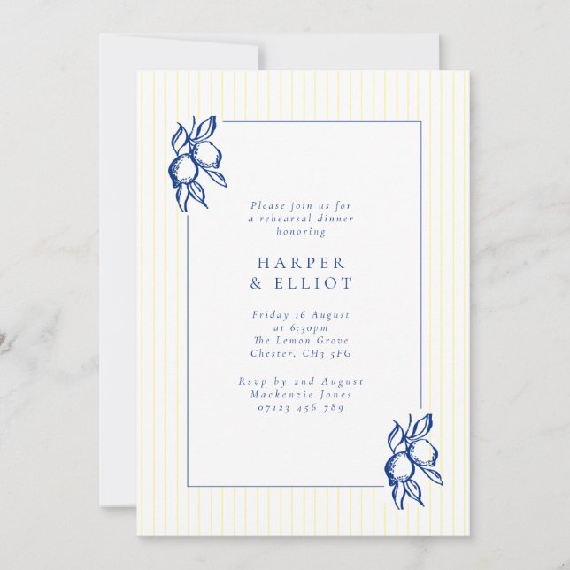 Invitation Elegant Blue Hand Drawn Lemon Rehearsal Dinner (Devant)